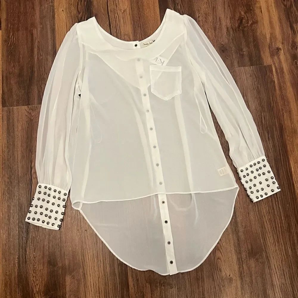 Double Zero White Long Sleeve Blouse with Gem sleeves